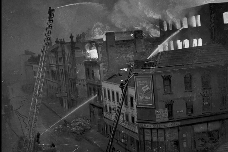 Jim Facey’s photograph shows Broadmead buildings ablaze after heavy bombing on November 24, 1940. Belfield’s Toy Shop on the corner with Union Street survived this raid before being destroyed in another the following April.