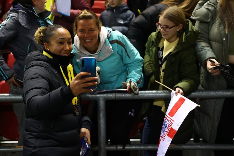 Lauren James takes a selfie with an England fan