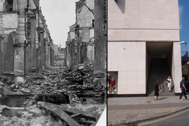 On the left is all that remained of the Upper Arcade on November 25, 1940. It previously ran from the Horsefair to what is now the far side of the Haymarket. The entrance was where the steps now go between Primark and the former Debenhams store.