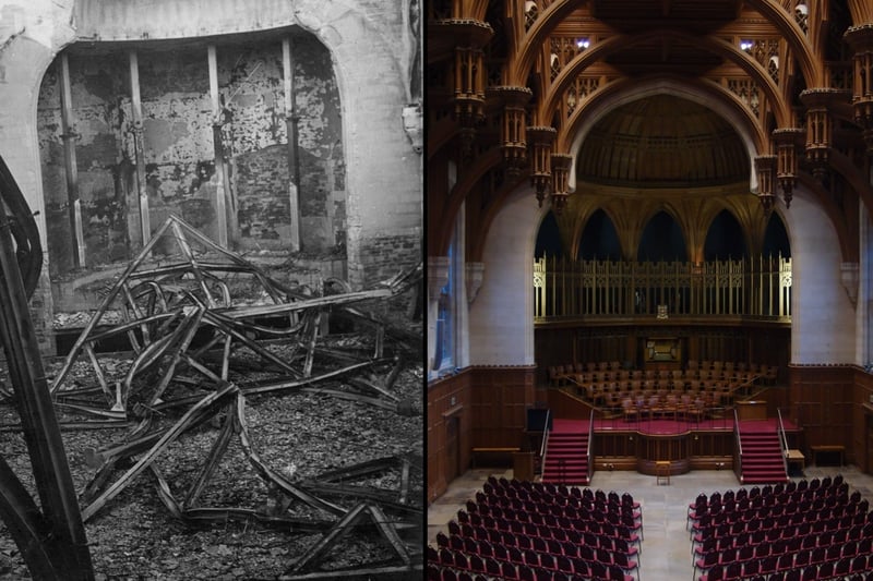 These images show the damage done to the University of Bristol’s Great Hall, located in the Wills Memorial Building which was gutted during an air raid. The hall would not be restored to its original appearance until the 1960s.