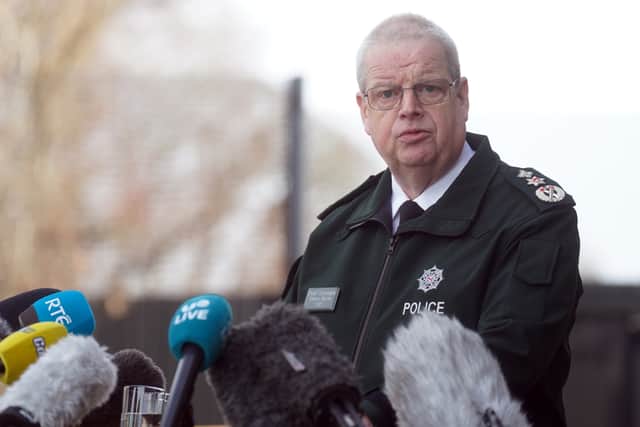 Chief Constable Simon Byrne from the Police Service of Northern Ireland (PSNI) speak to the media outside PSNI headquarters in Belfast