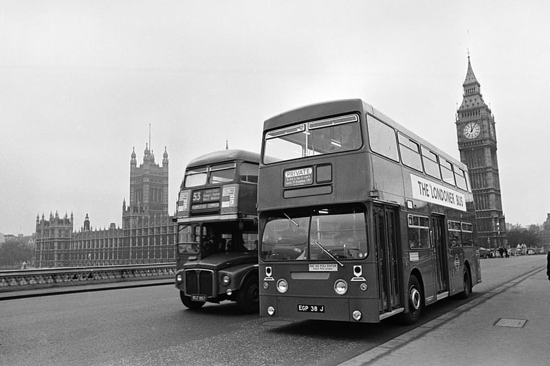 31st December 1970:  The new, bigger and better 'Londoner' bus on display at Westminister Bridge. Compared to the old bus the future looks brighter for London's travellers.  (Photo by Leonard Burt/Central Press/Getty Images)