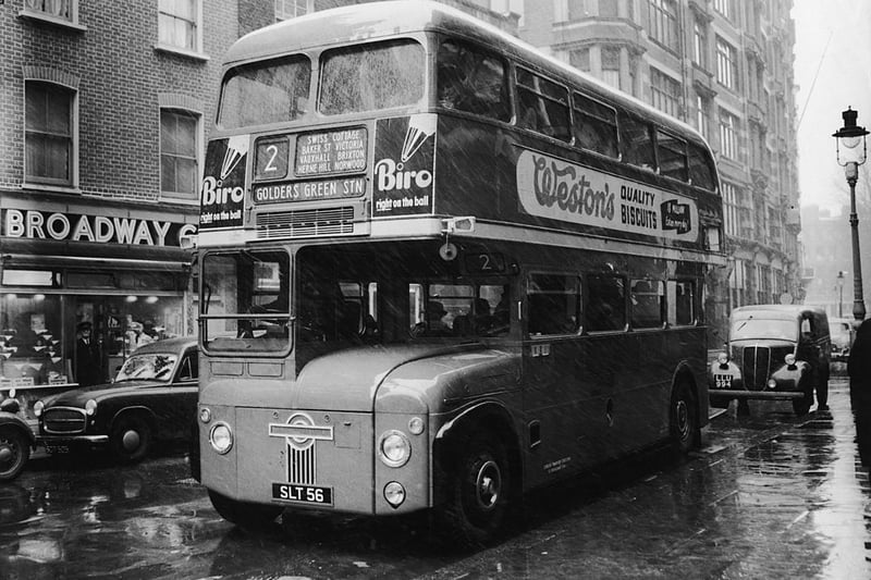 A prototype Routemaster bus at London Transport Headquarters for a press view, 31st January 1956. The double-decker Routemaster is designed to replace London's  fleet of Trolleybuses. (Photo by Folb/Topical Press Agency/Hulton Archive/Getty Images