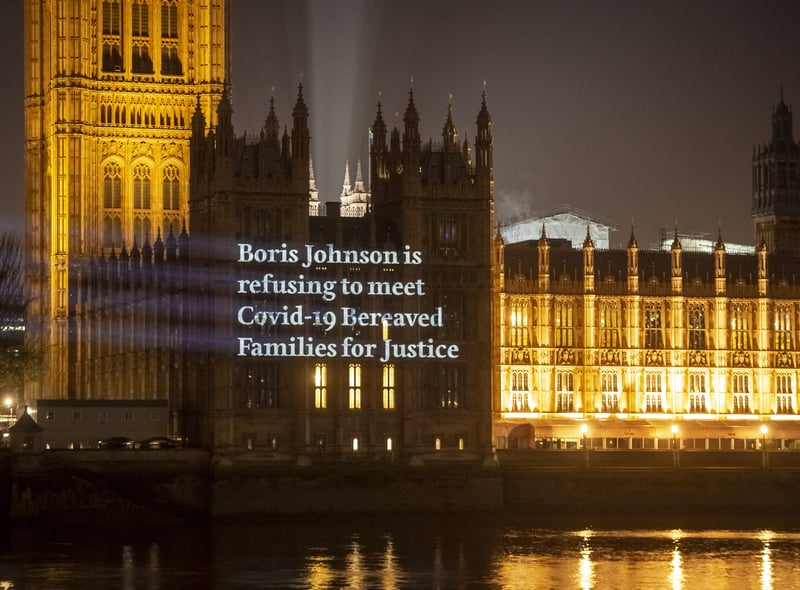 The group, along with Covid-19 Bereaved Families for Justice, projected videos and messages onto the Houses of Parliament in Westminster, London, in November 2020 asking the then Prime Minister Boris Johnson to meet with them.