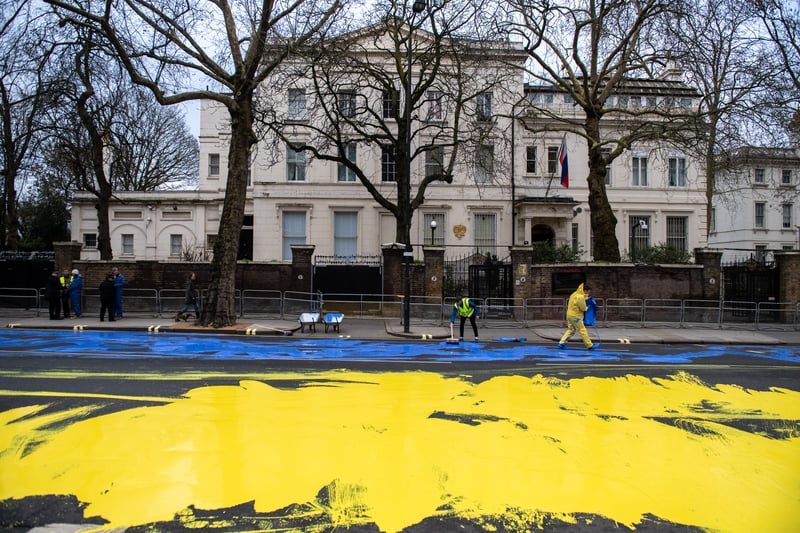 The group painted the Ukrainian flag outside the Russian Embassy on 23 February 2023 in London. They created the 500 square metre flag using washable paint poured onto the road to show solidarity with Ukraine on the eve of the one year mark since the Russian invasion of Ukraine began. Four people have since been arrested.