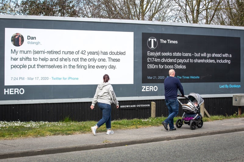 In April 2020, the group took over billboards in towns across the UK with messages which compare “heroes” and “zeros”, according to them. They said at the time that they used their platform to praise heroism amid the coronavirus outbreak and to call out those using it as “an opportunity to take”.