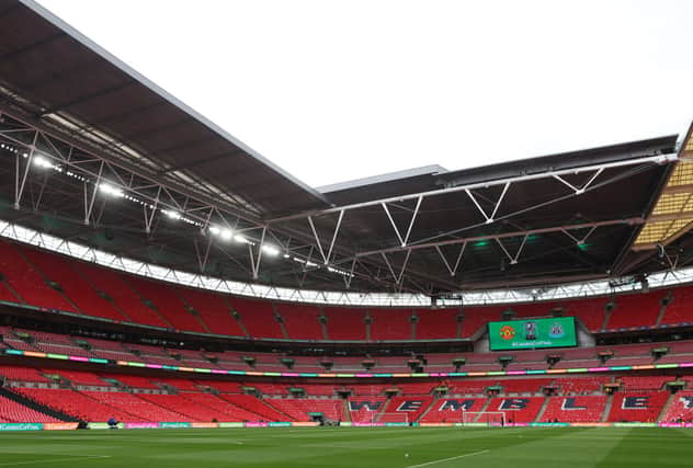 LONDON, ENGLAND - FEBRUARY 26: General view inside the stadium prior to the Carabao Cup Final match between Manchester United and Newcastle United at Wembley Stadium on February 26, 2023 in London, England. (Photo by Julian Finney/Getty Images)