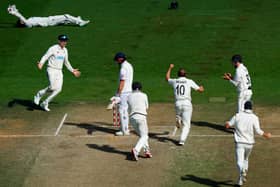 Neil Wagner of New Zealand celebrate the wicket of during day five of the Second Test Match between New Zealand and England at Basin Reserve on February 28, 2023 in Wellington, New Zealand. (Photo by Hagen Hopkins/Getty Images)