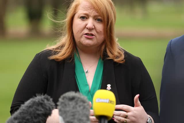 Naomi Long, leader of the Alliance Party, speaks to the media in Templepatrick, Co Antrim, after meeting with Prime Minister Rishi Sunak during his visit to Northern Ireland to sell the Windsor Framework deal secured with the European Union. Credit: PA