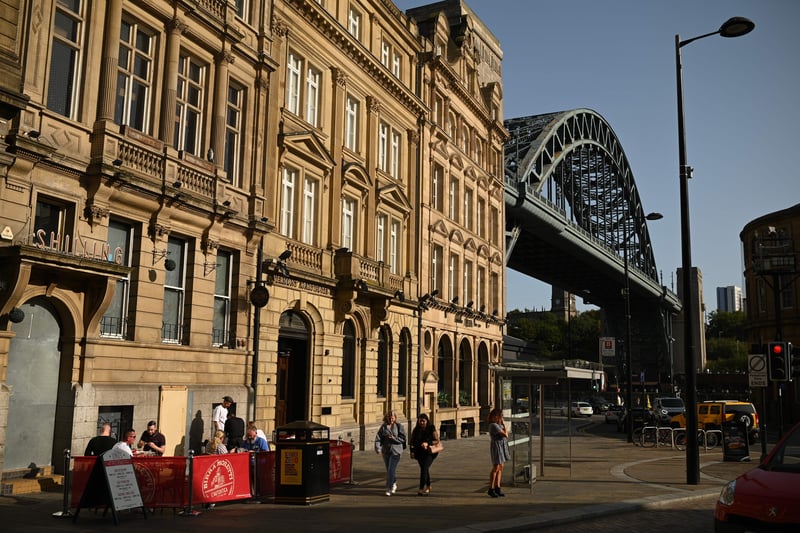 In 2020, this image displays people eating outside due to indoor venue closures - near to the Tyne Bridge.