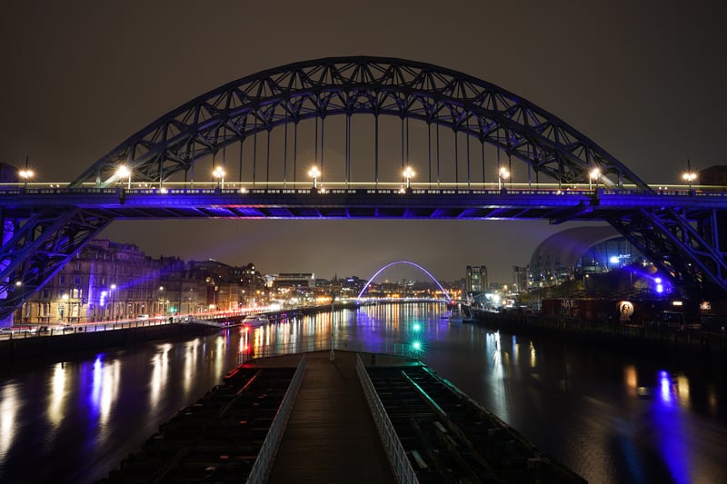 The Tyne Bridge lit up in purple to commemorate Holocaust Memorial Day.