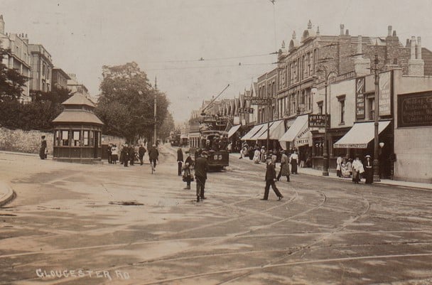At the junction of Gloucester, Cheltenham and Zetland Roads, the small building on the left of the picture is a tram drivers’ shelter.
