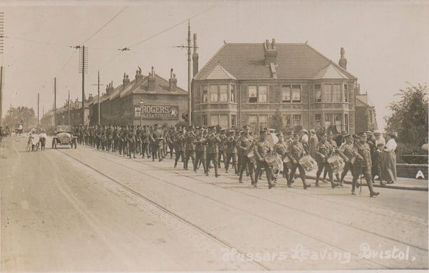 The Royal Gloucestershire Hussars, a territorial regiment, are pictured walking down Gloucester Road on route to Horfield Barracks, perhaps to entrain at Temple Meads onwards to Egypt to fight in Gallipoli and later Palestine.