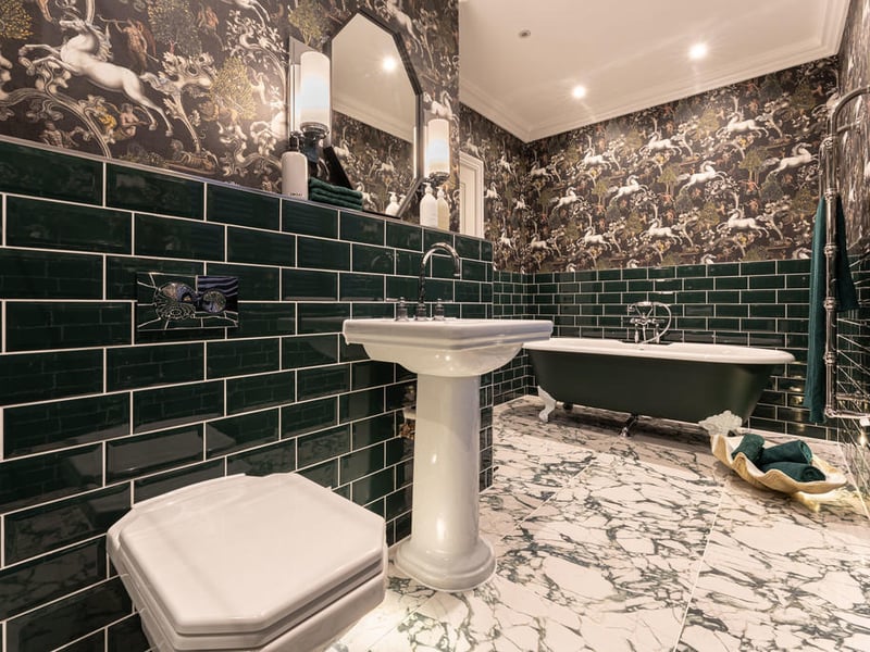 Bathtub in unique bathroom.