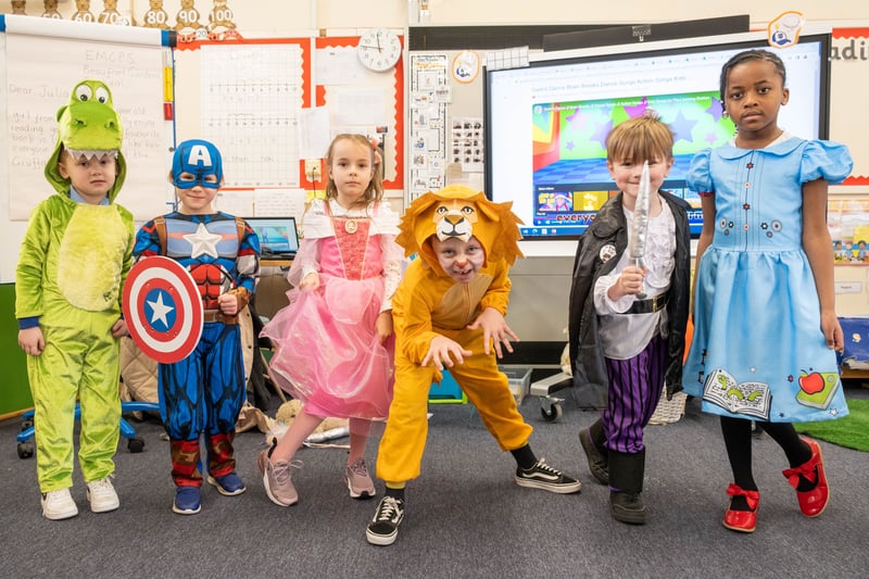 Kids at English Martyrs in Fenham dressed up in the classroom.