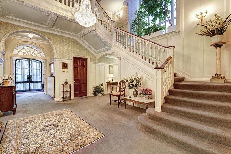 A large landing area and a grand staircase