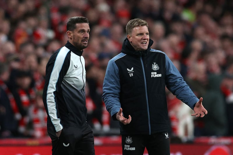 Newcastle United head coach Eddie Howe (right) and assistant Jason Tindall (left).  (Photo by ADRIAN DENNIS/AFP via Getty Images)