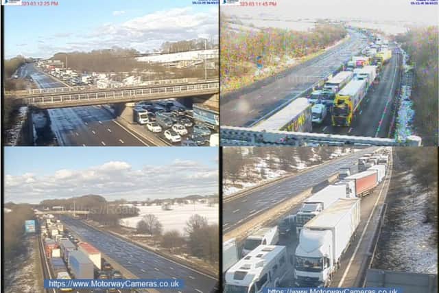 This collage of photos show different stretches of the M1 as of 3.10pm following a crane fire between J30 and J31.