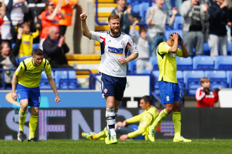 Despair for Birmingham City players as Matthew Mills of Bolton Wanderer celebrates as Lee Chung-Yong of Bolton Wanderers scores their first goal