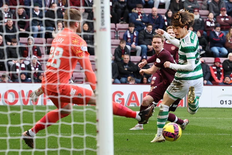 Japanese striker Kyogo Furuhashi added a second goal on the stroke of half-time with a fantasticed flicked finish past Jambos goalkeeper Zander Clark.
