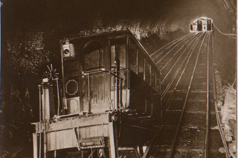 The front of the cars resembled the appearance of horse-drawn tramcars - behind them was the passenger section. This picture also reveals the brick lined tunnel, which was the widest of its kind in the world when it opened