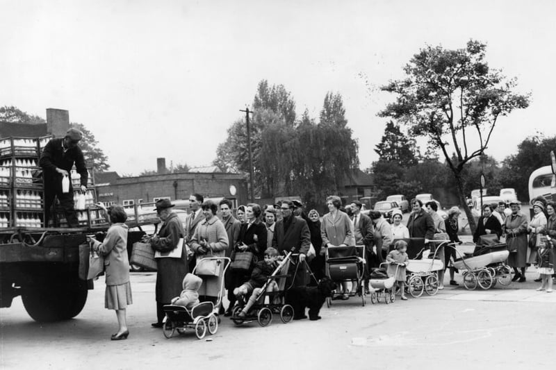 A  milk queue at a Birmingham depot, on the second day of an unofficial strike by the Birmingham Co-Operative Society of Milkroundsmen.    (Photo by Keystone/Getty Images)