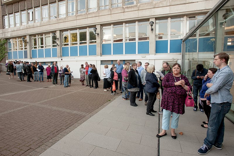 Supporters attending the Andy Burnham Labour Leadership event queue up on September 6, 2015 in Birmingham, England. Andy Burnham, Yvette Cooper, Jeremy Corbyn and Liz Kendall are standing in the election for the Labour Party leadership. The voting process began on Friday 14 August 2015 and will close on Thursday 10 September 2015, with the results announced on Saturday 12 September 2015. (Photo by Richard Stonehouse/Getty Images)