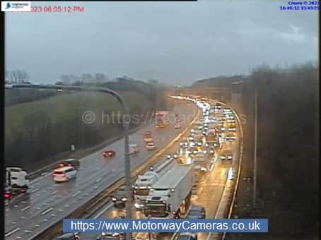 This image, courtesy of motorwaycameras.co.uk, shows traffic at junction 26 of the M62 eastbound.