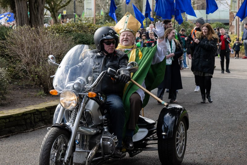 St Patrick (aka Len) joins the celebrations at his parade for 2023 in Cannon Hill Park, Birmingham