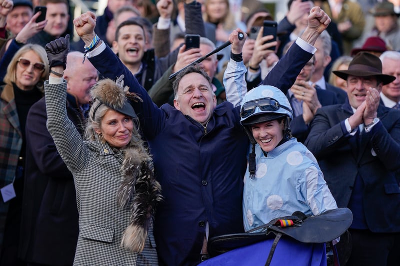 Trainer Henry de Bromhead (C) celebrates with wife Heather (L) after Rachael Blackmore rides Honeysuckle to win The Close Brothers Mares' Hurdle 