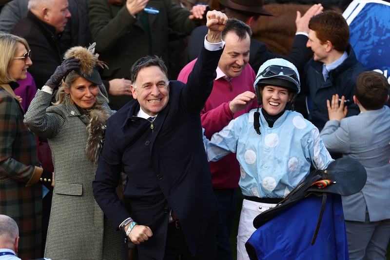 Trainer Henry De Bromhead celebrates alongside Jockey Rachael Blackmore and Wife Heather De Bromhead after Honeysuckle won the Close Brothers Mares’ Hurdle during day one of the Cheltenham Festival 2023.