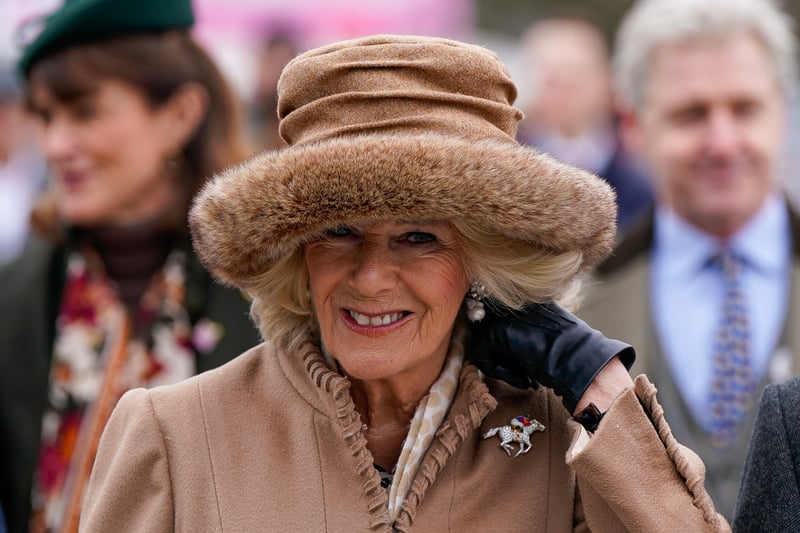 Camilla, Queen Consort arrives at the track during day two of the Cheltenham Festival 2023 