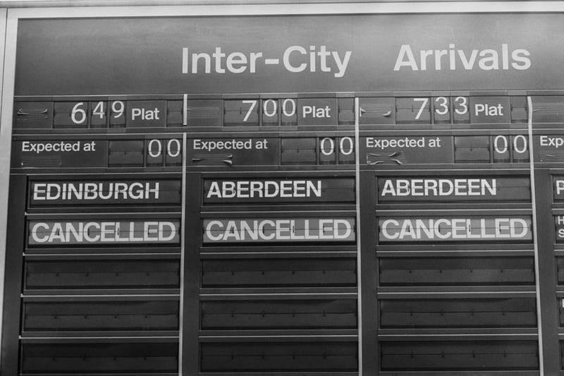 The inter-city arrivals board at King’s Cross railway station in London, during a period of industrial action, January 17, 1985. The trains from Edinburgh and Aberdeen in Scotland have all been cancelled. (Photo by Mike Lawn/Express/Hulton Archive/Getty Images)