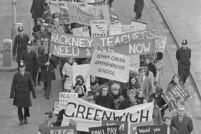 January 21, 1970:  Teachers from London schools marching from County Hall to the Department of Education during industrial action over pay.  (Photo by Central Press/Getty Images)