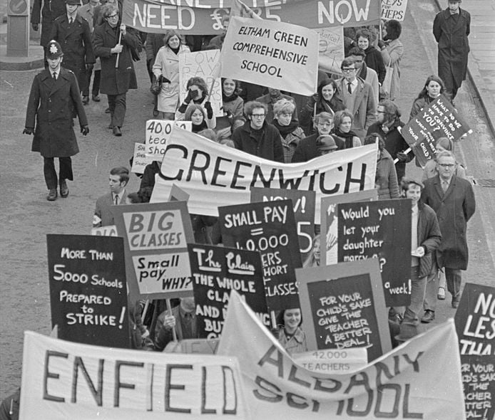 January 21, 1970:  Teachers from London schools marching from County Hall to the Department of Education during industrial action over pay.  (Photo by Central Press/Getty Images)