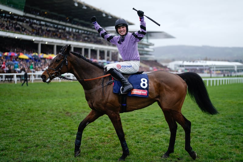 Harry Cobden celebrates after riding Stage Star to win The Turners Novices’ Chase during day 