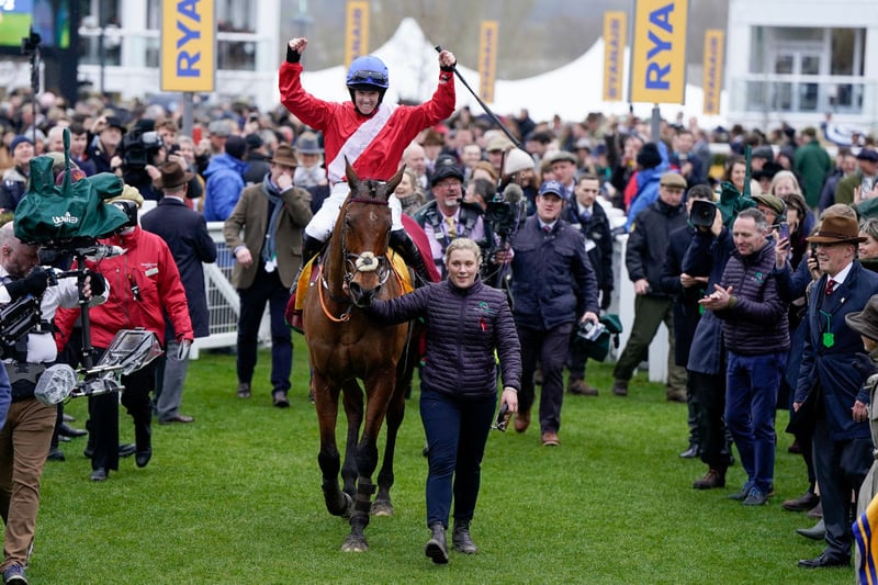 CHELTENHAM, ENGLAND - MARCH 16: Rachael Blackmore riding Envoi Allen return after winning The Ryanair Chase  during day three of the Cheltenham Festival 2023 at Cheltenham Racecourse on March 16, 2023 in Cheltenham, England. (Photo by Alan Crowhurst/Getty Images)