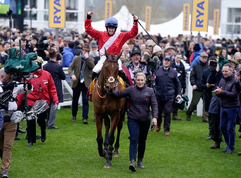 CHELTENHAM, ENGLAND - MARCH 16: Rachael Blackmore riding Envoi Allen return after winning The Ryanair Chase  during day three of the Cheltenham Festival 2023 at Cheltenham Racecourse on March 16, 2023 in Cheltenham, England. (Photo by Alan Crowhurst/Getty Images)