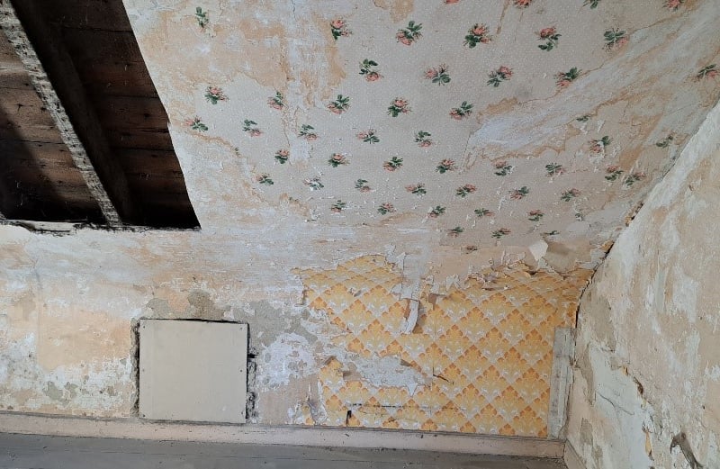 The flat’s original fittings include scraps of floral wallpaper 