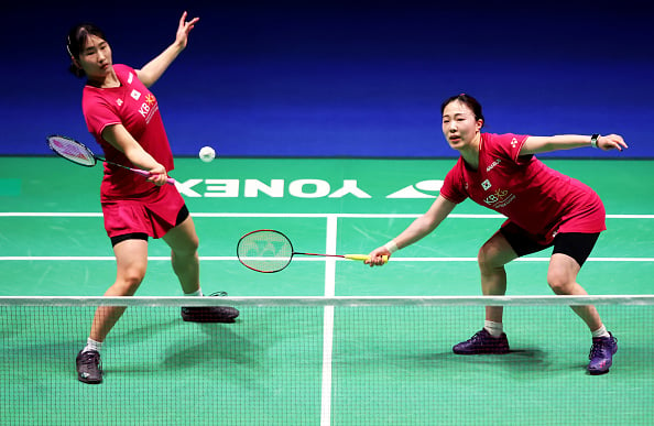 Na Eun Jeong and Hye Jeong Kim of Korea in action during their Women’s Doubles match against Nga Ting Yeung and Pui Lam Yeung of Hong Kong during Day Two of the Yonex All England Open Badminton Championships 2023 at Utilita Arena Birmingham on March 15, 2023 in Birmingham, England. (Photo by Naomi Baker/Getty Images)