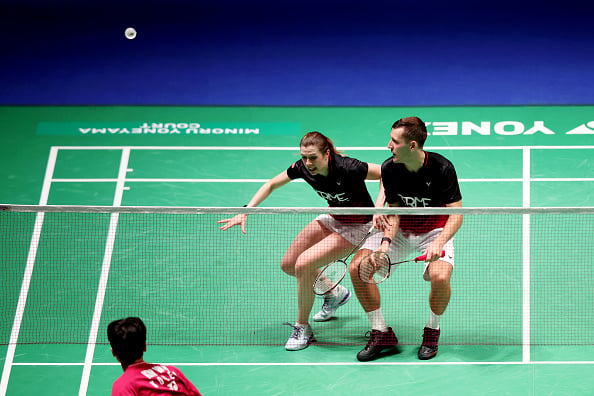 Jenny Moore and Gregory Mairs of England in action during their mixed doubles match Won Ho Kim and Eun Na Jeong of Korea during Day Two of the Yonex All England Open Badminton Championships 2023 at Utilita Arena Birmingham on March 15, 2023 in Birmingham, England. (Photo by Naomi Baker/Getty Images) 