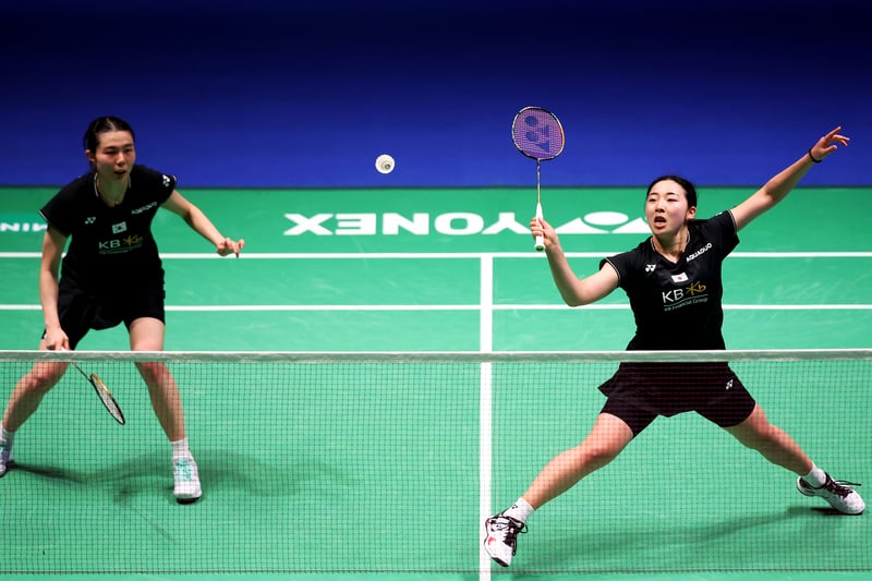 So Yeong Kim and Hee Yong Kong of Korea in action during their Women’s Doubles quarter final match against Qing Chen Chen and Yi Fan Jia of China at Utilita Arena Birmingham on March 17, 2023 in Birmingham, England. (Photo by Naomi Baker/Getty Images)