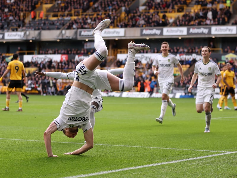 Where better black to finish? Luke Ayling celebrates his goal with some interesting acrobatics.