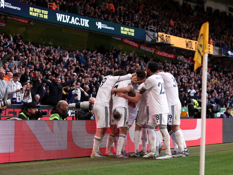 Leeds stars celebrate the side’s third goal as they climbed out the relegation zone on Saturday.