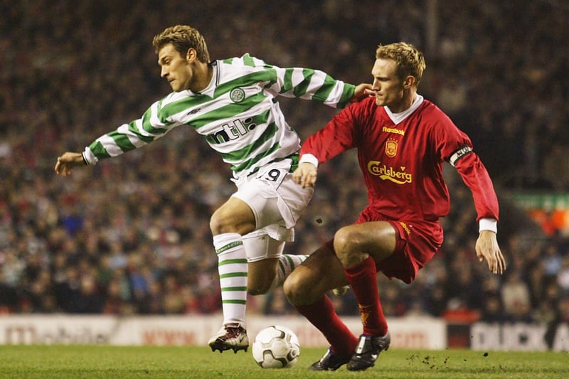 Celtic midfielder Stillian Petrov battles for possession with Liverpool defender Sami Hyypia as the visitors searched for an important away goal. It was to be another lacklustre display from the Reds who endured a disappointing season