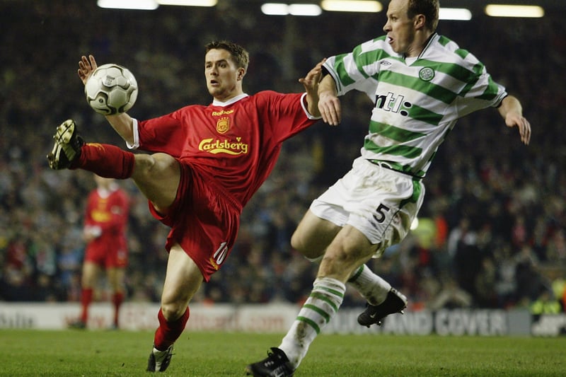 Liverpool did have their chances but they were content to sit back and absorb Celtic pressure, knowing all the required was a draw. Striker Michael Owen attempts to lift the ball over the head of Celtic’s Belgian defender Joos Valgaeren