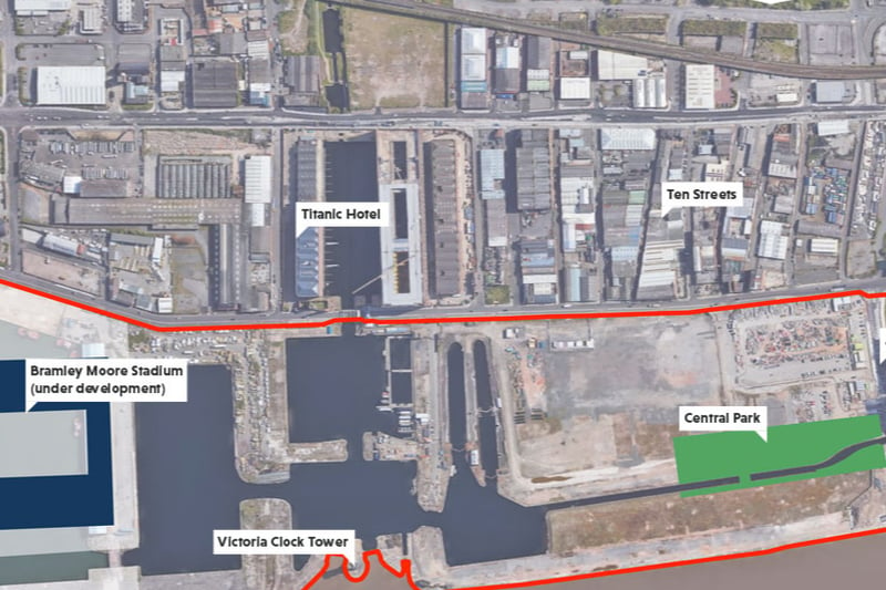 A map shows where Central Park will be, near Everton’s new stadium.