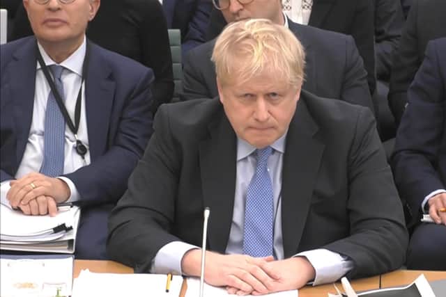 Boris Johnson giving evidence to the Privileges Committee at the House of Commons, London