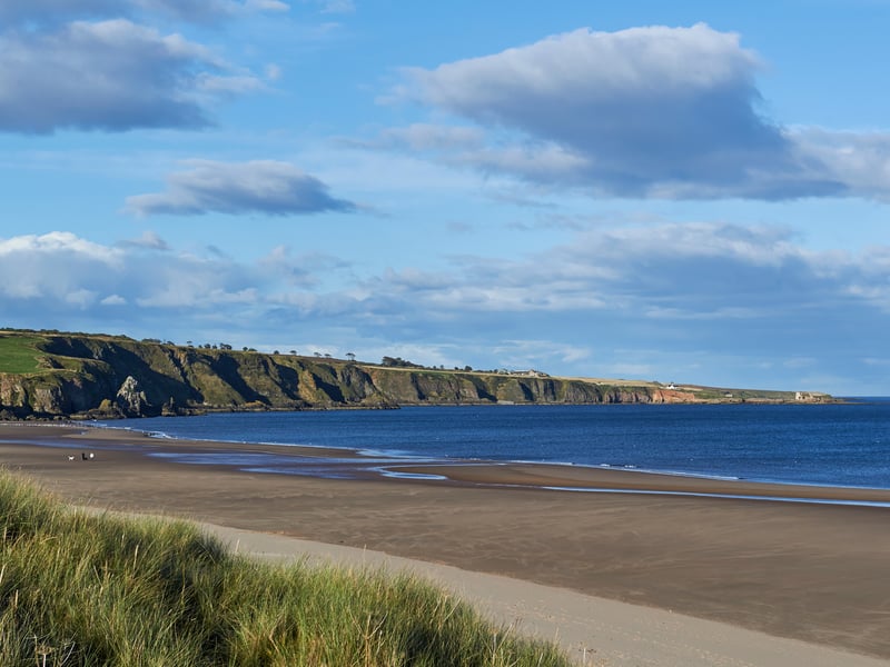 St Cyrus Beach in Aberdeenshire looking North, with the exposed beach from the low tide stretching away into the Distance.