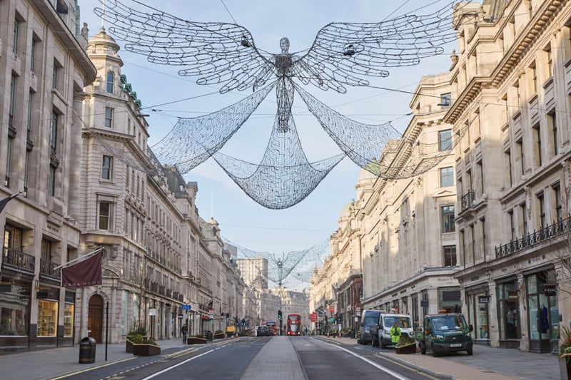 Ordinarily packed with tourists, especially around Christmas, Regent Street is here almost devoid of activity,